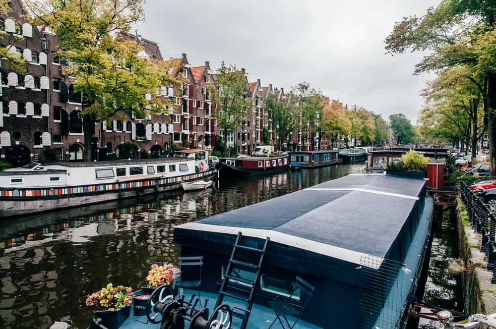A tranquil Amsterdam canal lined with houseboats and traditional Dutch houses, reflecting the serene urban lifestyle.